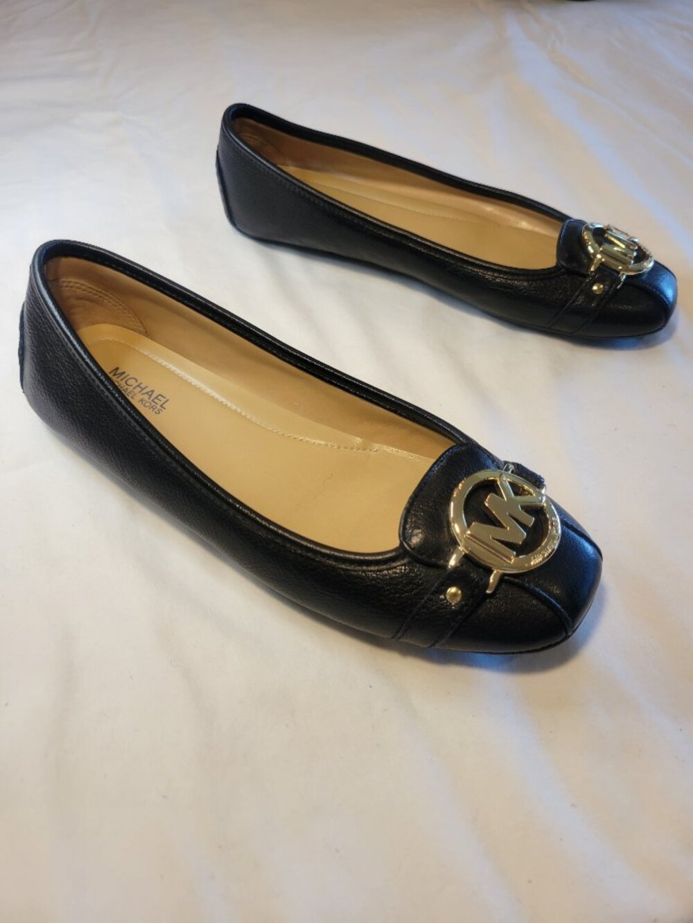 Michael Kors Black Leather Ballet Flats Gold MK Logo Loafers 7M - Picture 4 of 12